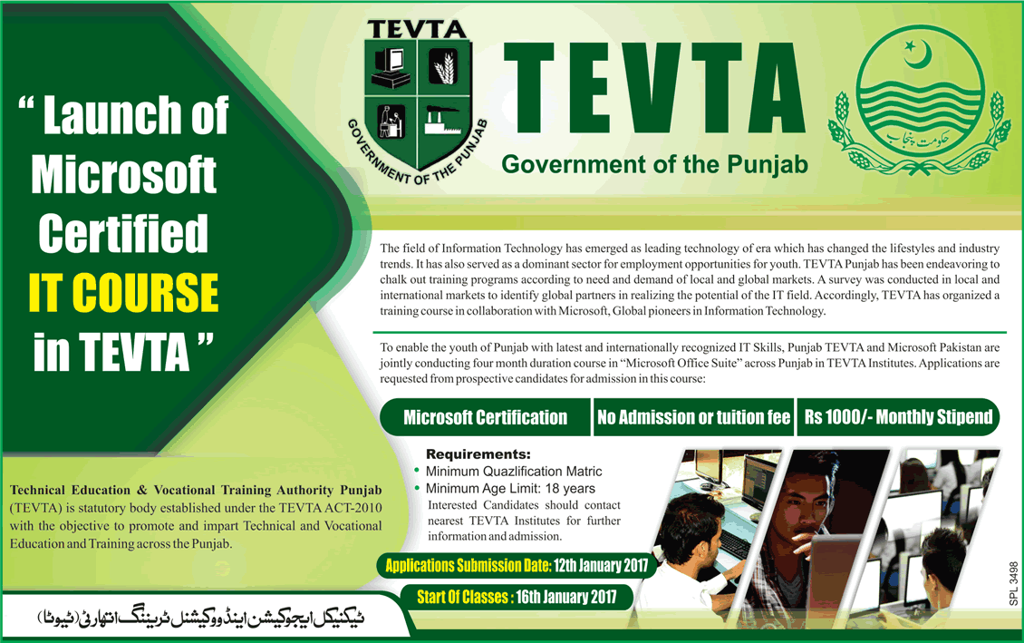 TEVTA Free Microsoft Certified IT Courses December 2016 / 2017 Technical Education and